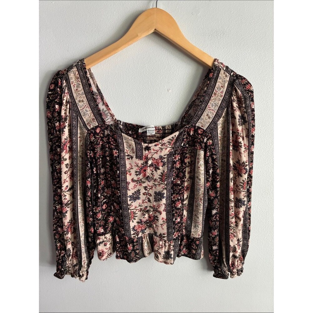 American Eagle Floral Peasant Crop Top Boho Cottagecore Puff Sleeve XS